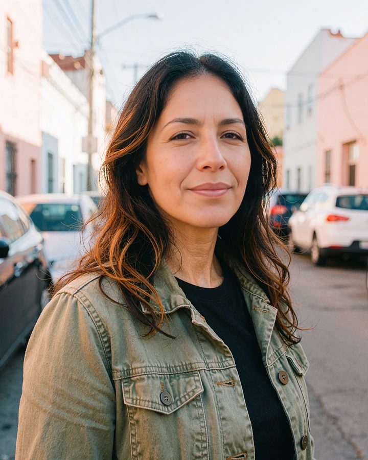 Illustrative chat and flirt profile example: woman in an olive jacket on a quiet street with a warm half-smile