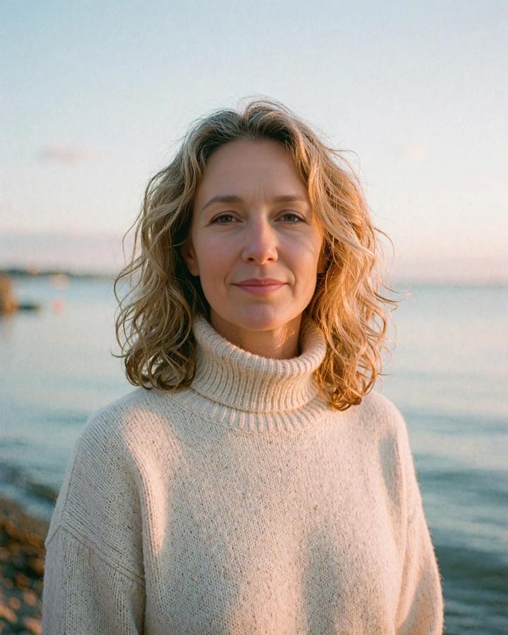 Illustrative profile example of a blonde woman in a cream turtleneck by a lake, open to chat about road trips