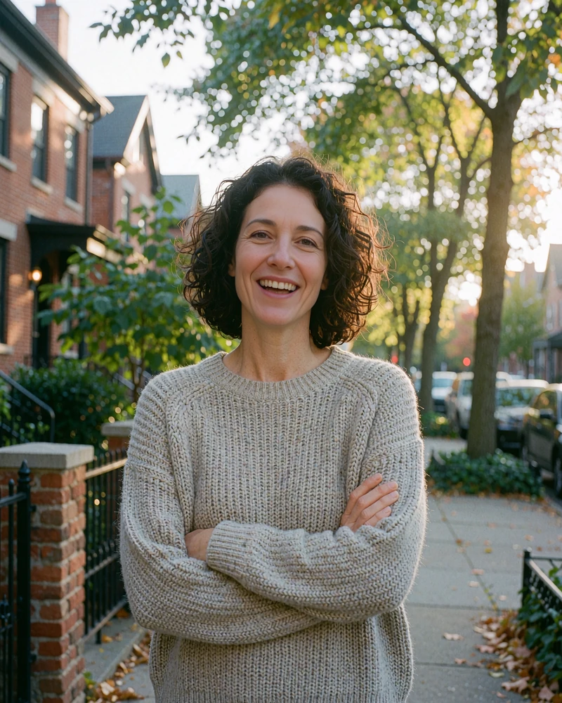 Illustrative profile example of a curly-haired woman in a grey knit sweater on a tree-lined street for online chat