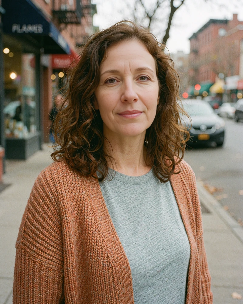 Illustrative chat partner profile example: woman in a rust cardigan on a quiet city street with a friendly smile