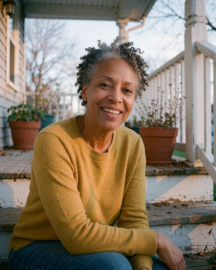 Illustrative profile example of a laughing woman in a mustard sweater on porch steps, ready for friendly online chat