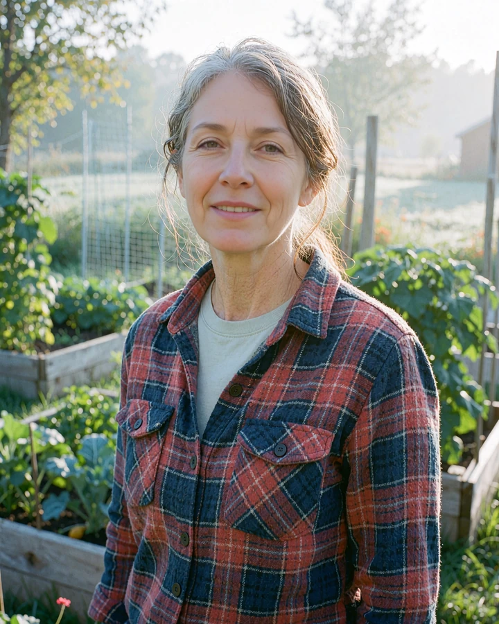 Illustrative profile example of a woman in a plaid flannel shirt in her vegetable garden, a chat starter on gardening